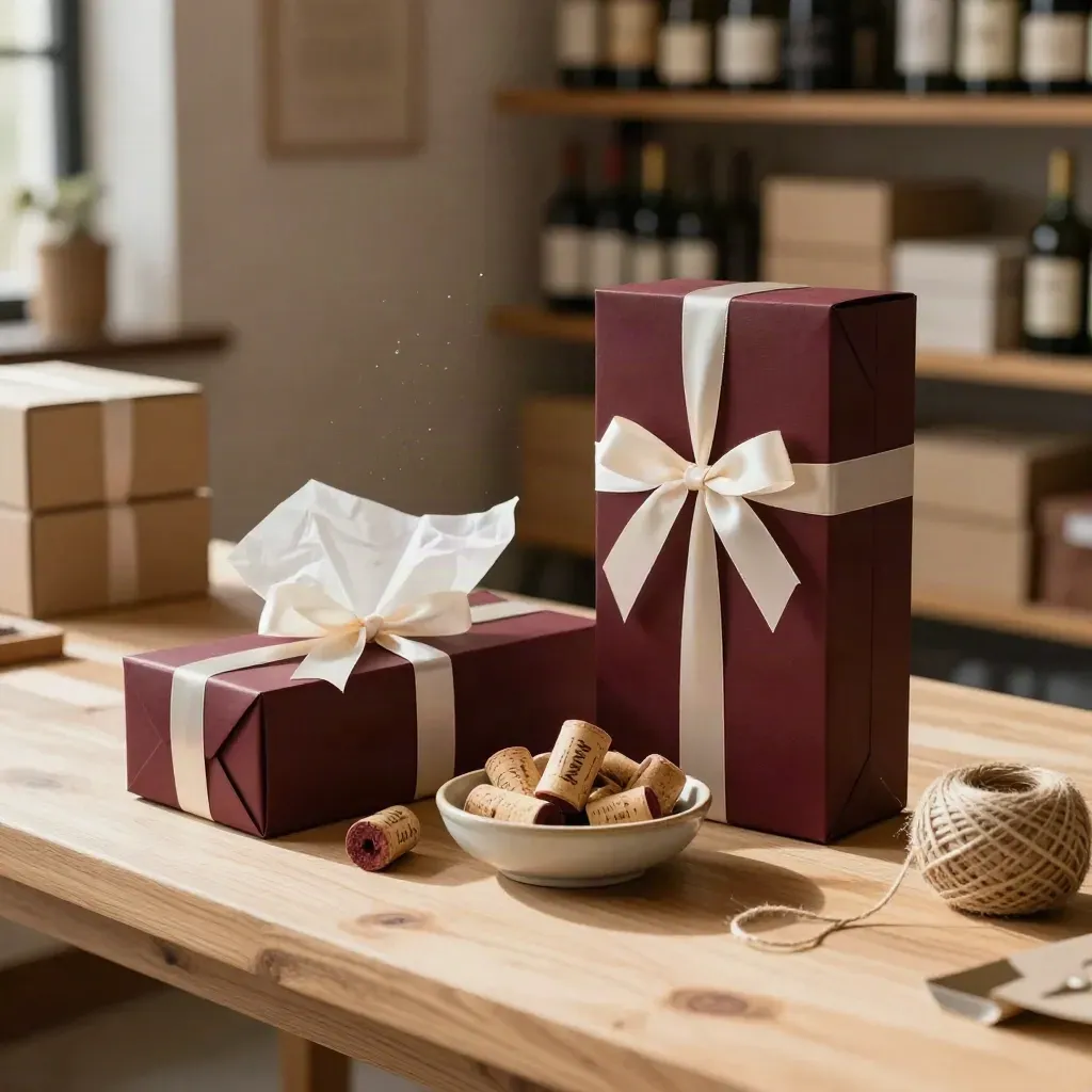 Due cofanetti regalo vino borgogna con carta velina e ciotola di tappi avvolti su tavolo artigianale.