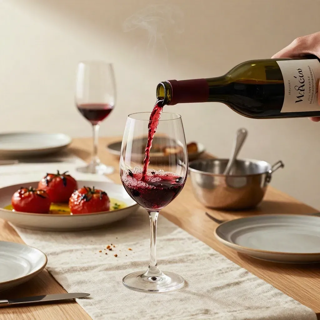 Versamento di vino rosso accanto a piatto di pomodori arrosto su tavola di famiglia.