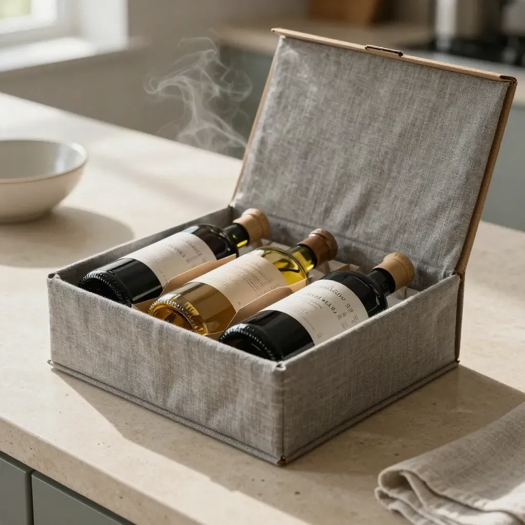 Box degustazione da sei bottiglie aperto su pietra chiara, luce mattutina e vapore soffice.