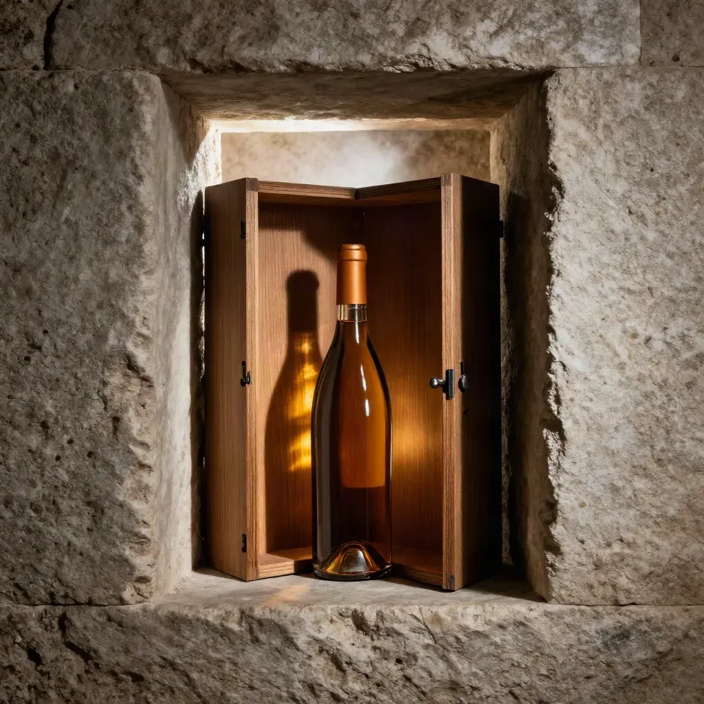 Bottiglia di riserva Marengo Vini in nicchia di pietra con cassa in legno e bottiglia sigillata.