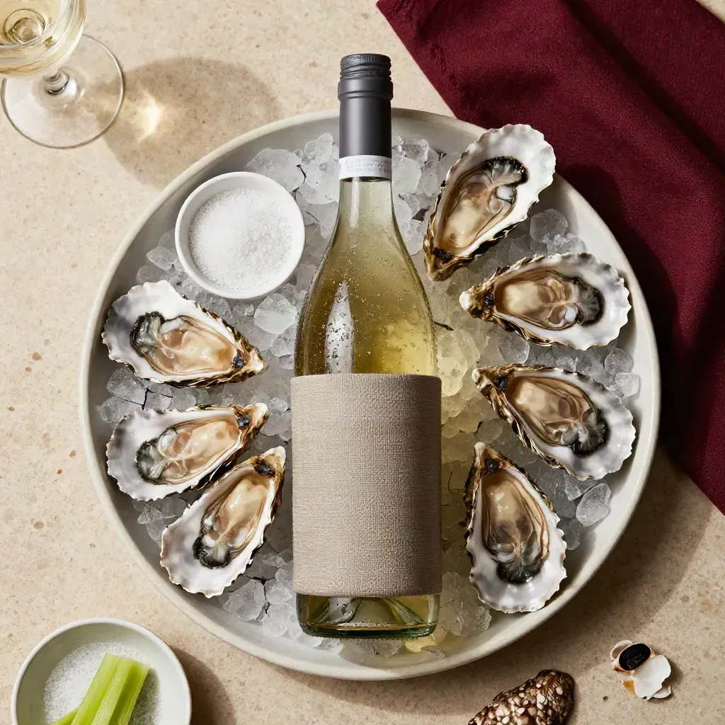 Bottiglia di Vermentino nel sleeve, ostriche sul ghiaccio e sale al sedano su vassoio chiaro