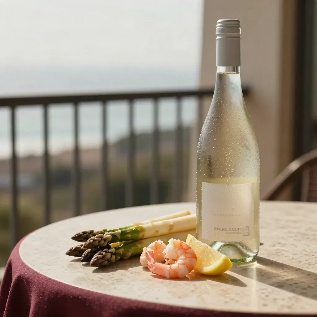 Bottiglia bianca con asparagi, gamberi e limone su tavolo da balcone luminoso