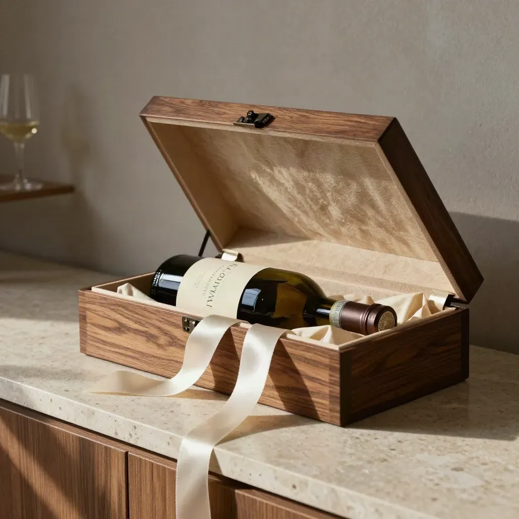 Cassa regalo aperta con bottiglia da riserva, carta avorio e nastro su una madia in travertino.